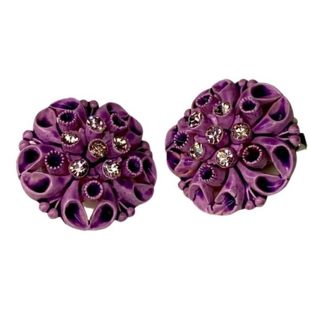 Earrings Vintage 1950s Purple Celluloid Rhinestone Featherweight Clip-Ons
